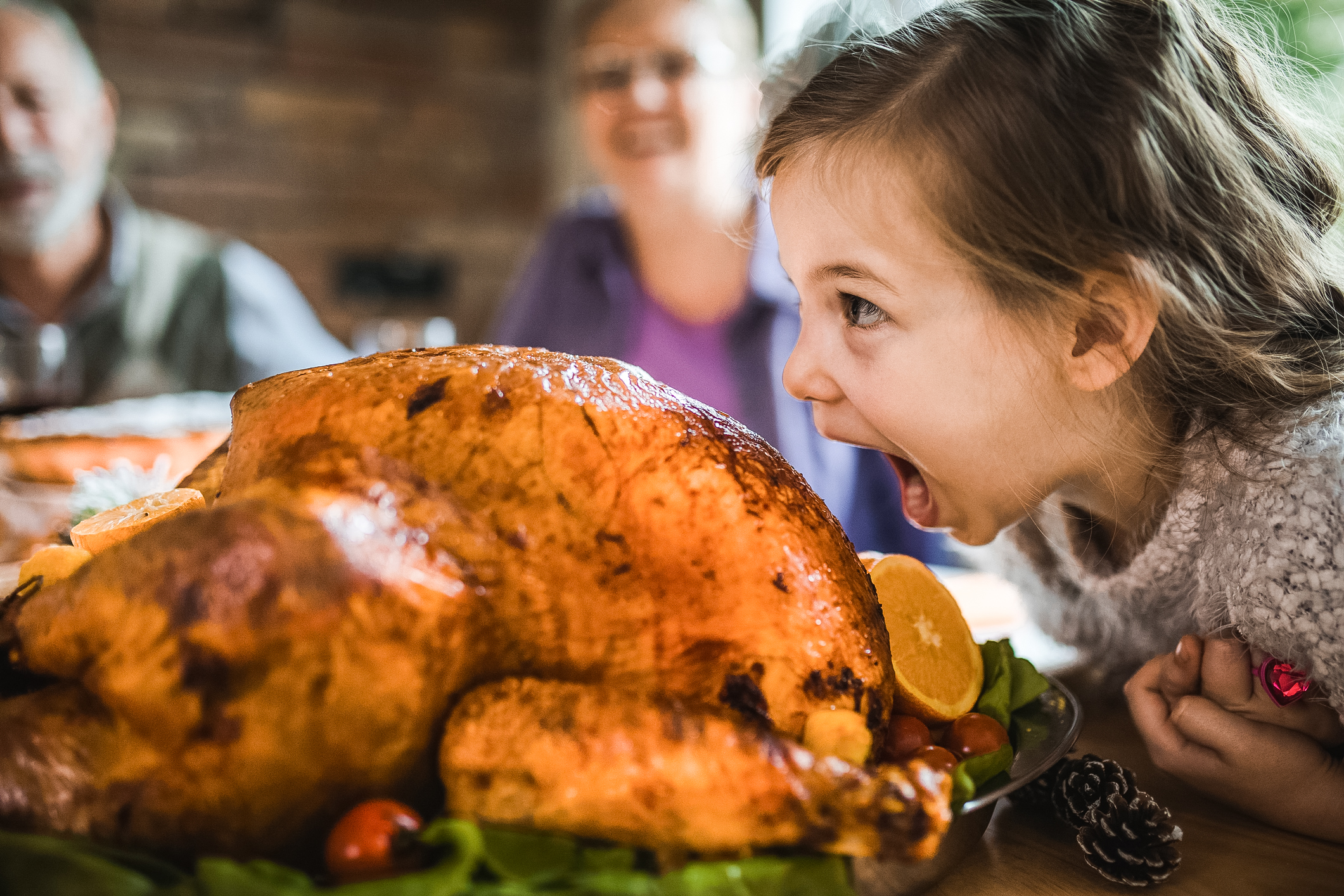 Cute little girl having fun while about to bite a stuffed turkey during Thanksgiving dinner in dining room.